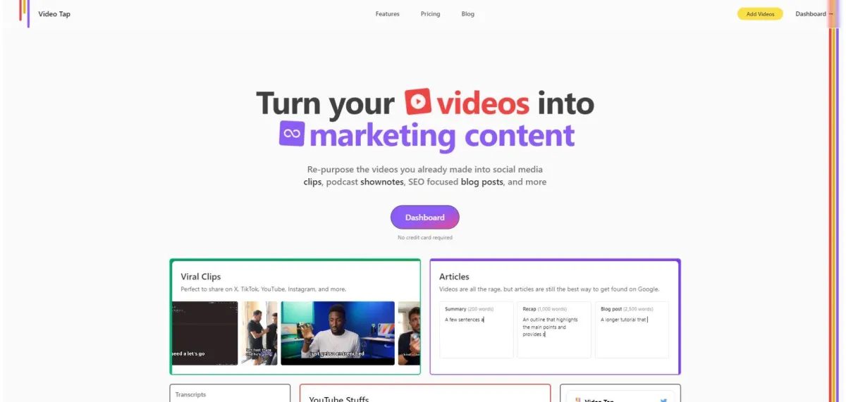 Video Tap repurposes long form videos into social media clips, podcast show notes, and SEO-friendly blog posts 