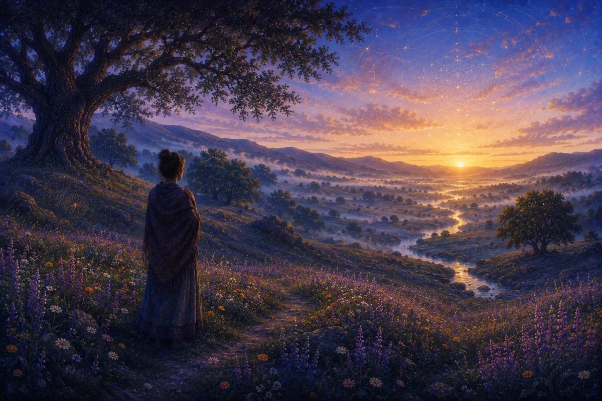 A lone figure stands quietly in a wildflower meadow at sunrise, overlooking a winding river and rolling hills beneath an ancient oak tree. Cool indigo and violet tones blend with soft golden dawn light, while subtle sacred geometry fills the sky, symbolizing inner peace, self-acceptance, and the quiet journey home to oneself.
