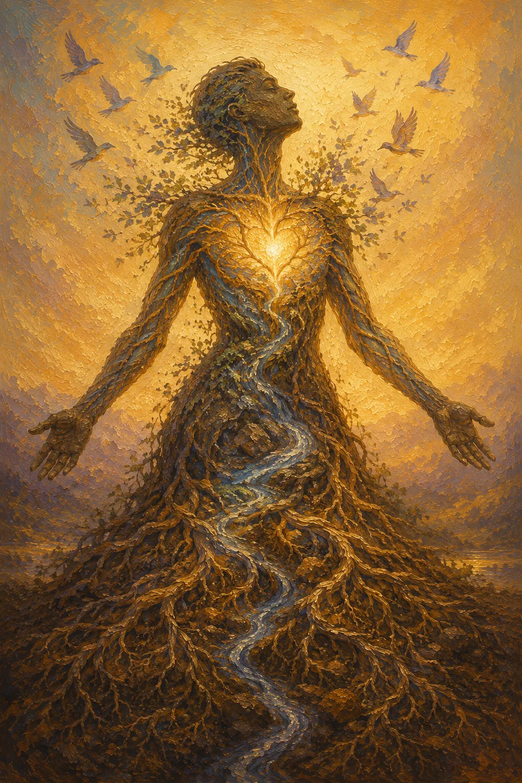 A symbolic oil painting of a human figure formed from intertwining tree roots, flowing rivers, and living branches. Warm golden light radiates from the heart while roots extend deep into the earth and birds rise from the shoulders, representing the body's wisdom, memory, and capacity for healing.