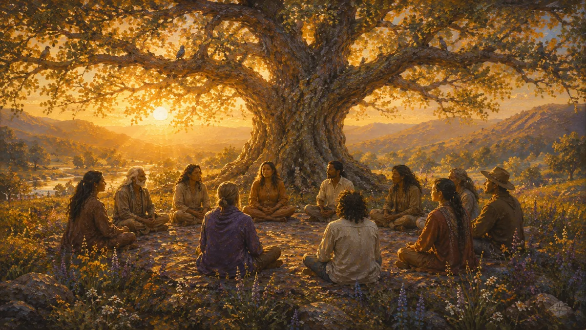 A symbolic oil painting of a diverse group of people sitting together in a peaceful circle beneath a majestic ancient oak tree at sunrise. Warm golden light filters through the branches as birds rest overhead and wildflowers bloom around them, symbolizing the healing power of presence, belonging, and sacred community.
