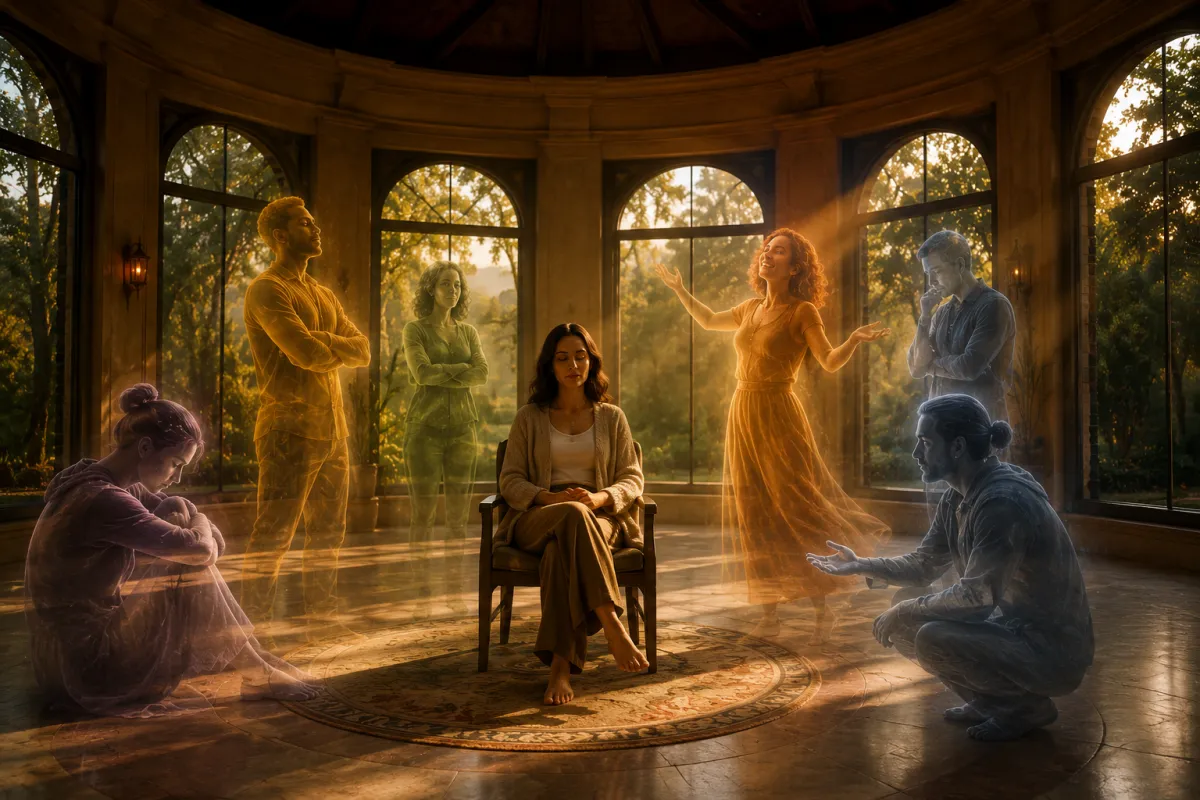 A person sits peacefully at the center of a sunlit circular room surrounded by symbolic figures representing different aspects of the self, illustrating the Psychosynthesis concept of subpersonalities.