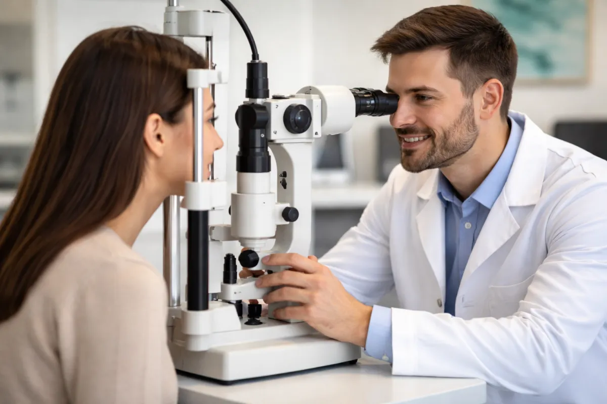 Optometrista examinando a un paciente en clínica en Tijuana