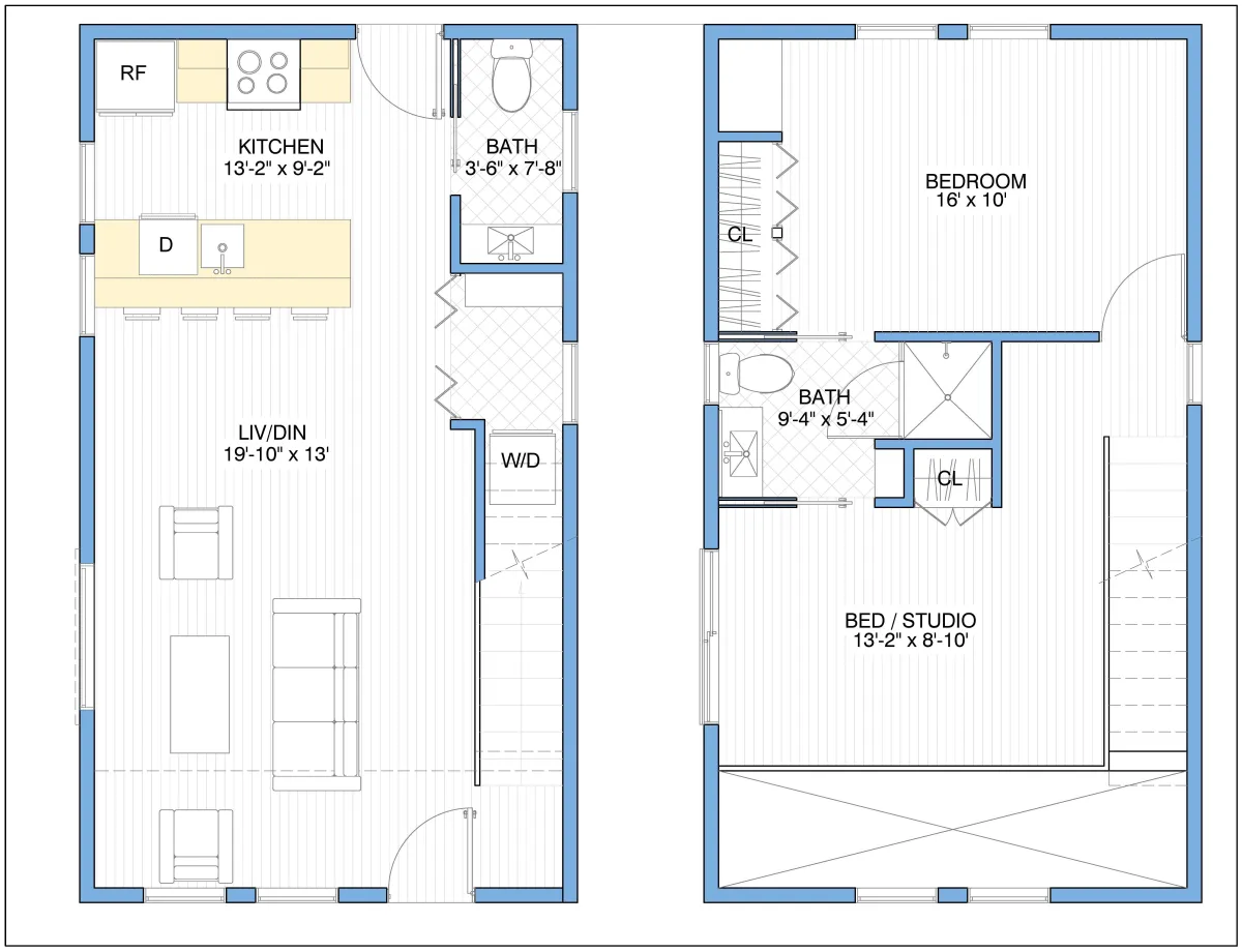 907 sqft 2-Bedroom Tiny Home Floor Plan