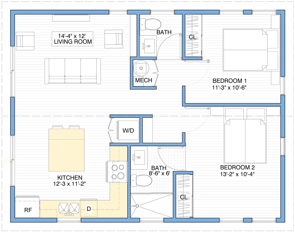 805 sqft 2-Bedroom Tiny Home Floor Plan