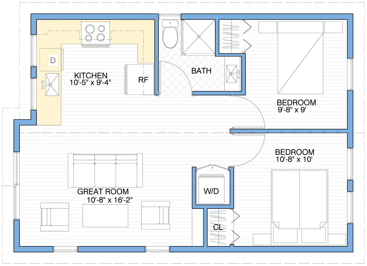 613 sqft 2-Bedroom Tiny Home Floor Plan