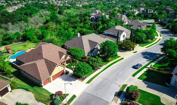 Suburban neighborhood aerial view illustrating residential housing density and ADU potential