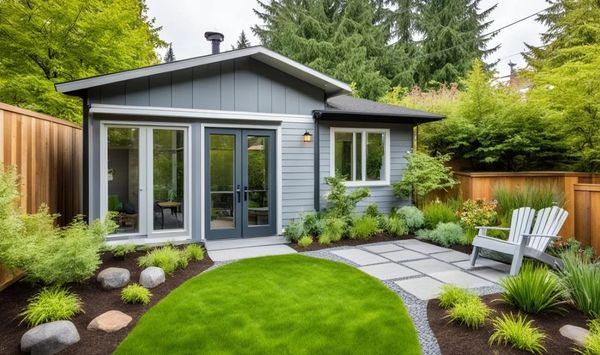 Detached backyard ADU with energy-efficient design, landscaped yard, and sustainable small home living inspiration