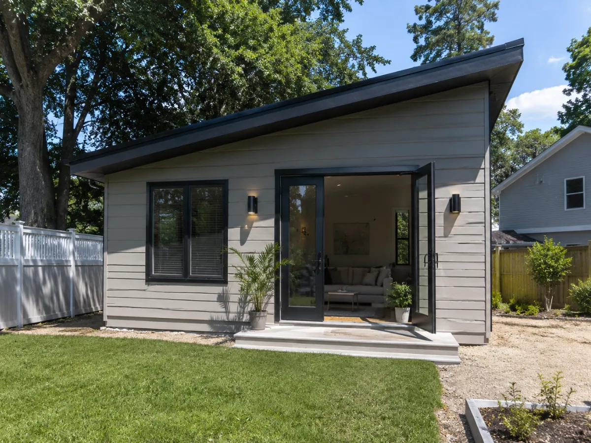 Custom backyard ADU in Connecticut with patio doors and private entrance