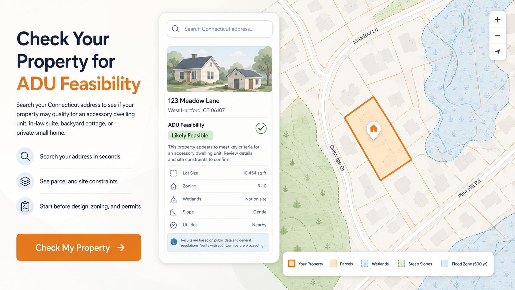Connecticut ADU feasibility search tool with property map and address lookup