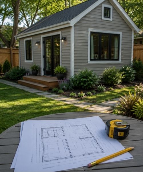 Connecticut ADU plans on an outdoor table with a finished backyard accessory dwelling unit in a landscaped yard