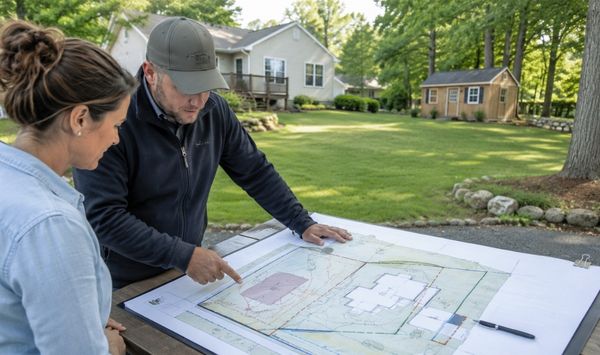 ADU contractor reviewing a site plan with a Connecticut homeowner