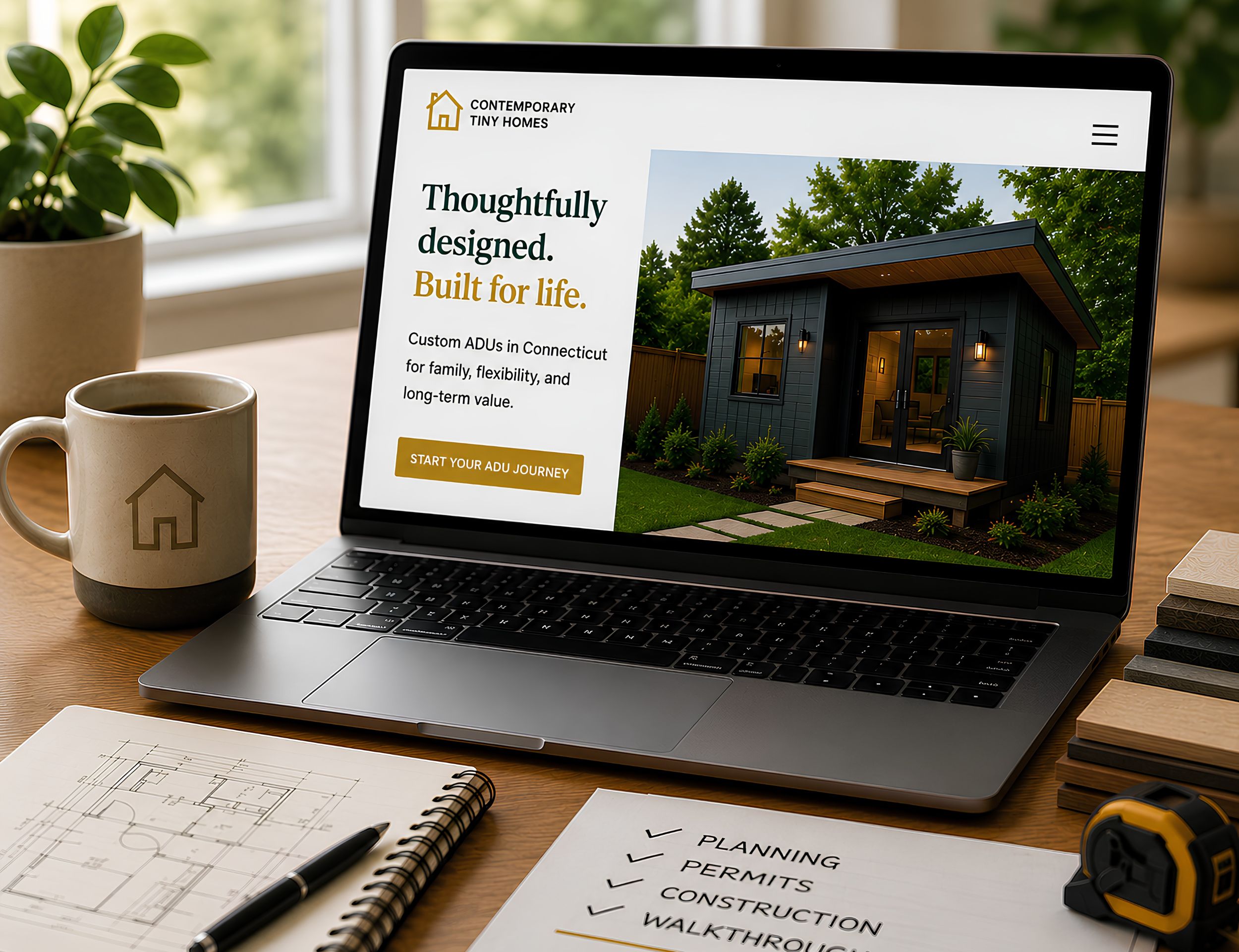 Laptop displaying a Connecticut Tiny Homes website with ADU planning notes and design tools on a desk