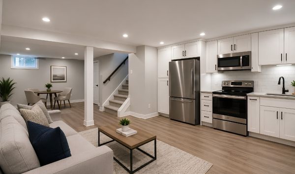 Finished basement ADU with kitchen and living space in a Connecticut home