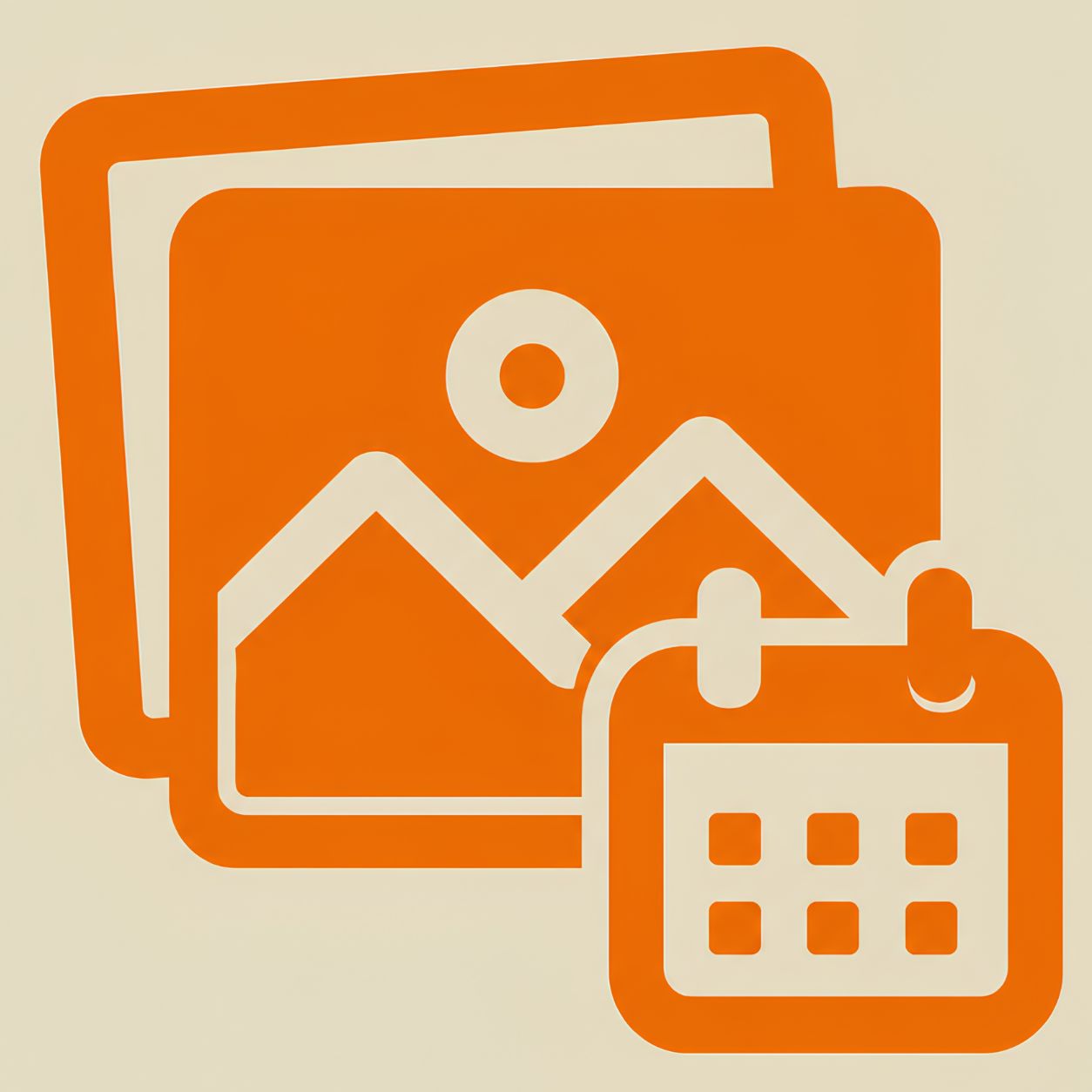 Bright orange icon of a photo with a calendar badge, representing ADU event photos and community gallery updates.