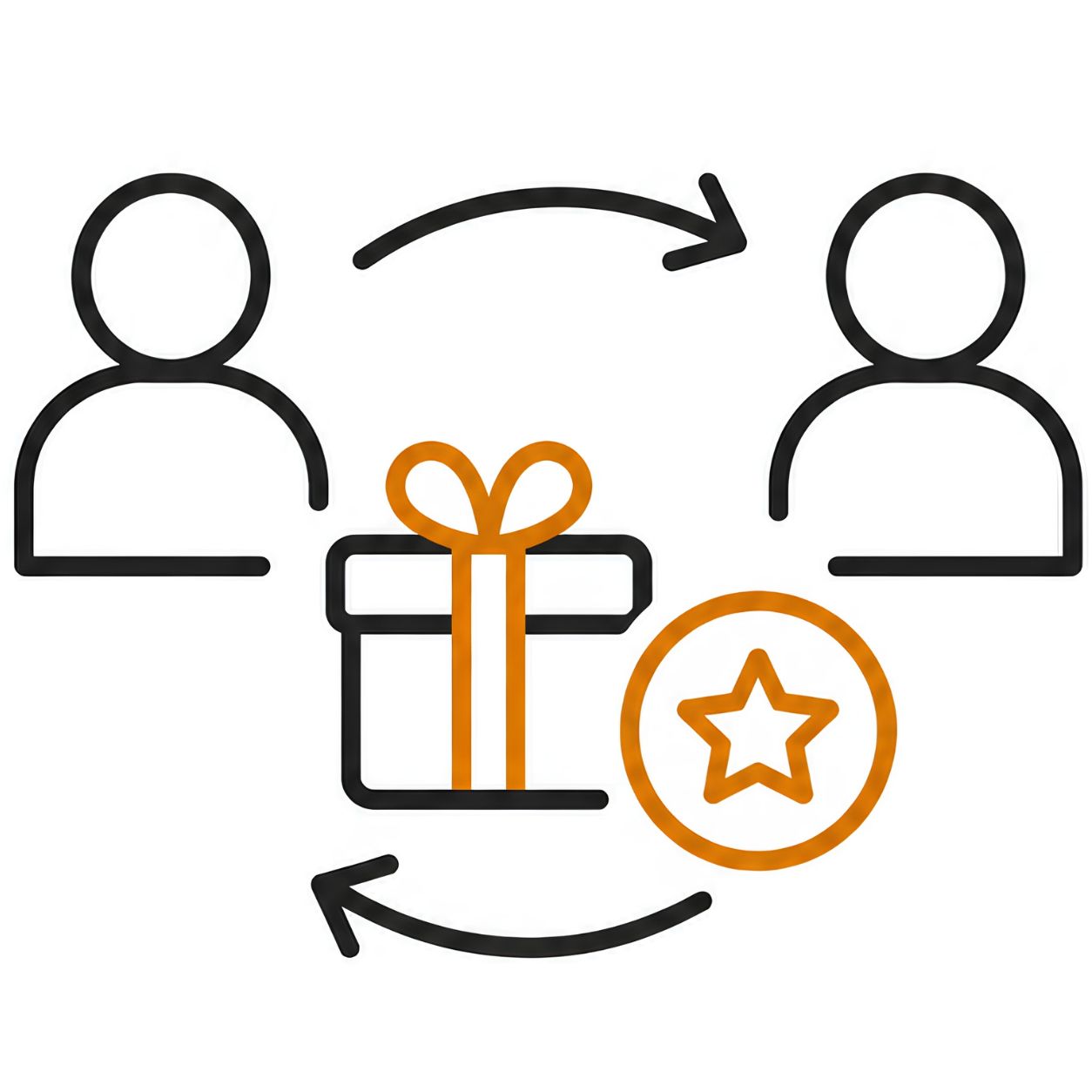Two people exchanging a referral reward gift with arrows