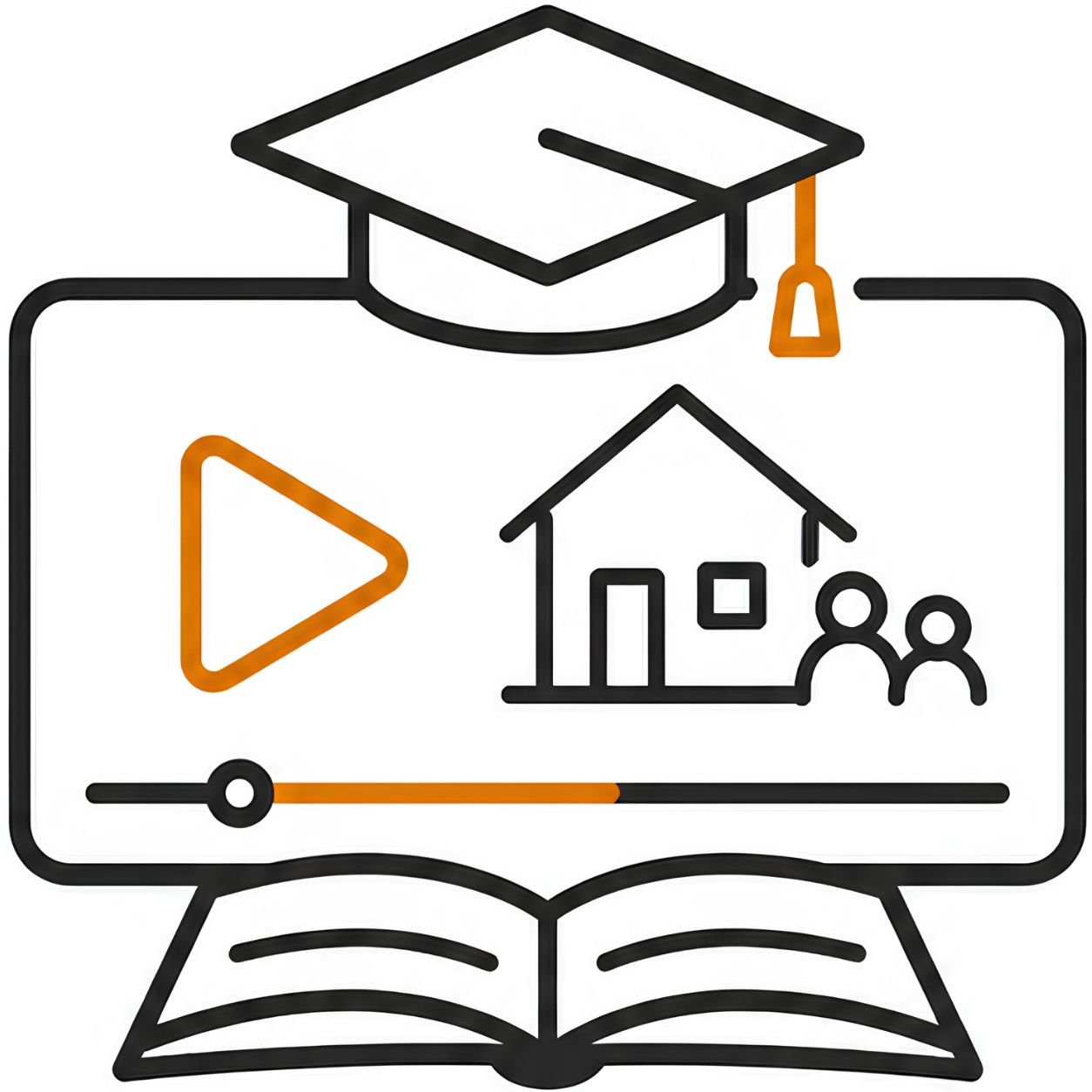 ADU video lesson with play button, graduation cap, and open book