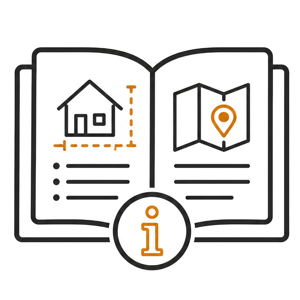 Open ADU guidebook with house plans, zoning map, and information icon