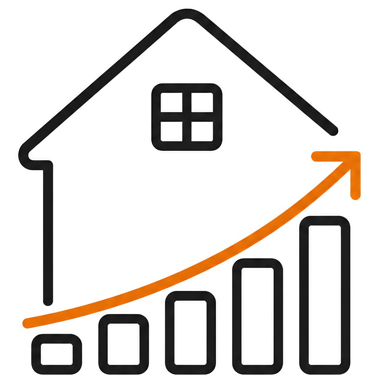 Maximum valuation ADU icon with a house, rising bar chart, and upward arrow