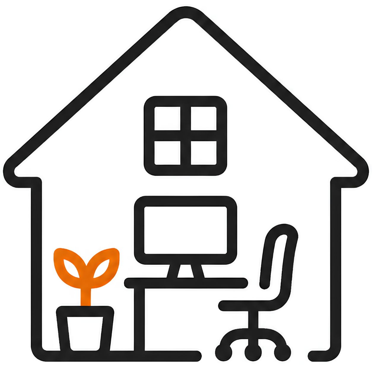 Home office ADU icon with a house, desk, computer, chair, and plant