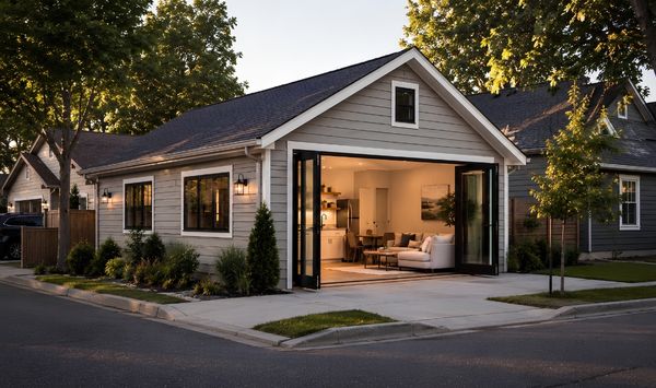 Modern detached ADU with open glass doors, warm interior lighting, landscaped exterior, and residential neighborhood setting.
