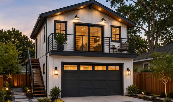 Two-story garage ADU with upper living space, balcony, exterior stairs, and warm lighting above a modern garage.