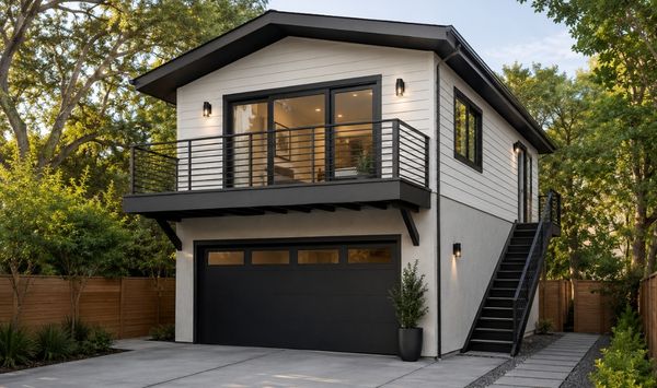 Modern two-story garage ADU with balcony, exterior stairs, and upper living space above a black garage door.