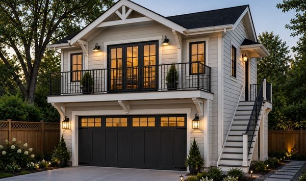 Two-story garage ADU with upper living space, balcony, exterior stairs, and modern lighting above a garage.