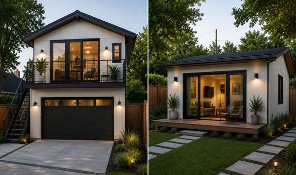 Comparison of a two-story and single-story garage ADU, showcasing modern exterior designs for accessory dwelling units with separate living spaces.