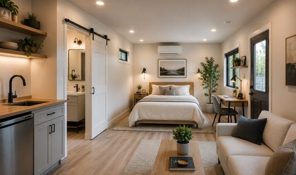 Modern studio garage ADU interior with a bedroom, kitchenette, bathroom, workspace, and living area in an open layout.
