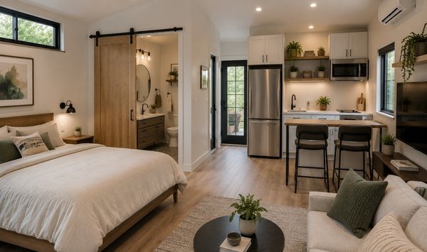 Studio garage ADU interior with bedroom, bathroom, kitchenette, and living area in a compact open-plan layout.