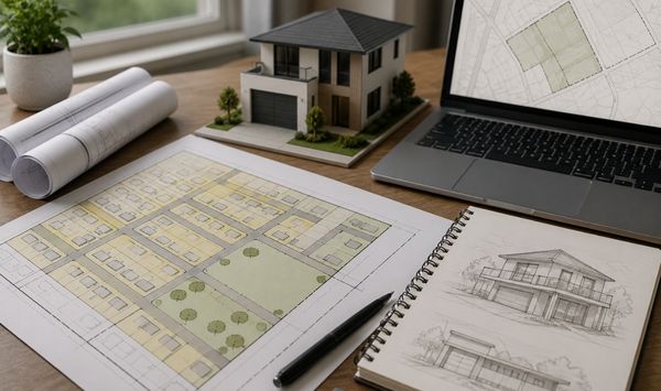 ADU planning workspace with site plans, blueprints, model home, laptop, and sketches for residential layout and feasibility review.