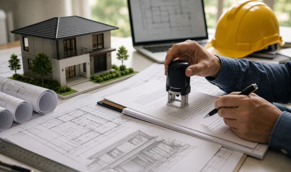 Architect reviewing ADU construction plans with a model home, blueprints, laptop, and contractor stamp during the planning and permitting process.