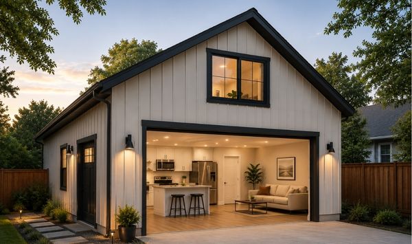 Modern garage ADU apartment with open living area, clean exterior lines, large windows, and warm lighting in a landscaped backyard.