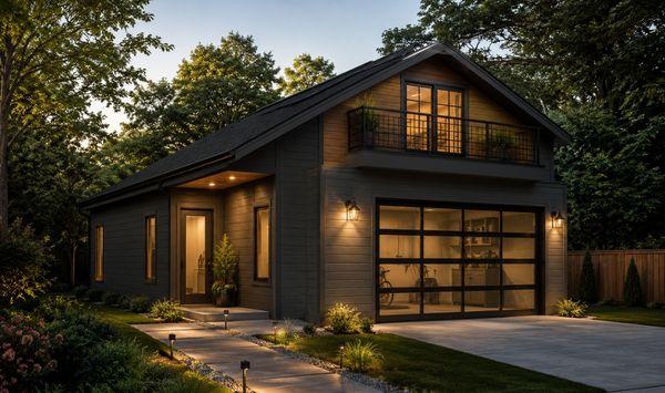 Luxury garage ADU Aapartment with warm exterior lighting, modern finishes, landscaped walkway, and private upper-level living space.