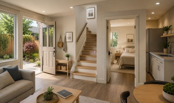 Modern garage ADU interior with a separate entrance, natural light, stairs, bedroom, and compact kitchen.