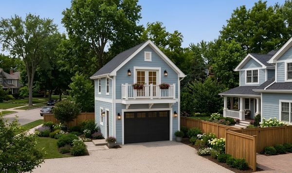 Blue two-story garage ADU with black garage door, upper balcony, flower boxes, and landscaped backyard setting.