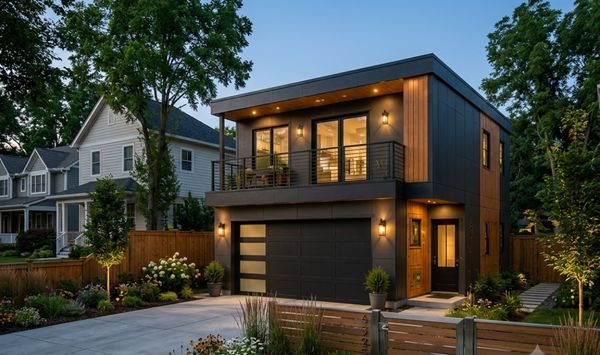 Modern black garage ADU with wood accents, second-floor balcony, warm exterior lighting, and landscaped driveway.