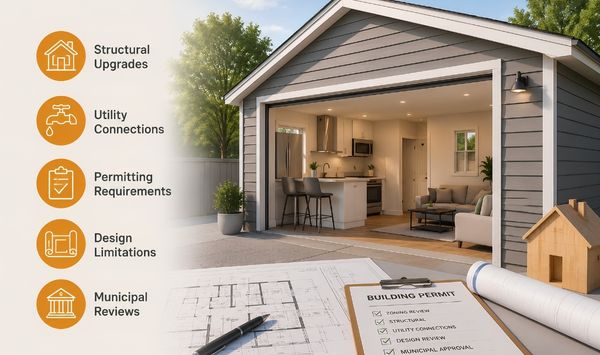 Modern garage conversion ADU with open living space, blueprints, building permit checklist, and icons for structural upgrades, utilities, permitting, design limits, and municipal reviews.