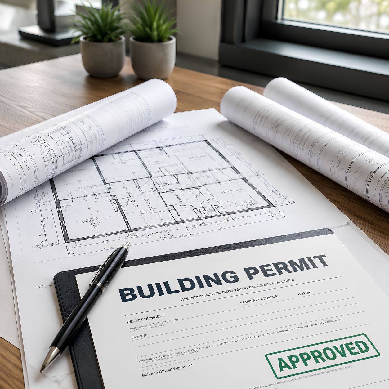 ADU building permit application with architectural blueprints, rolled construction plans, and an approved permit document representing the ADU permitting and planning process.
