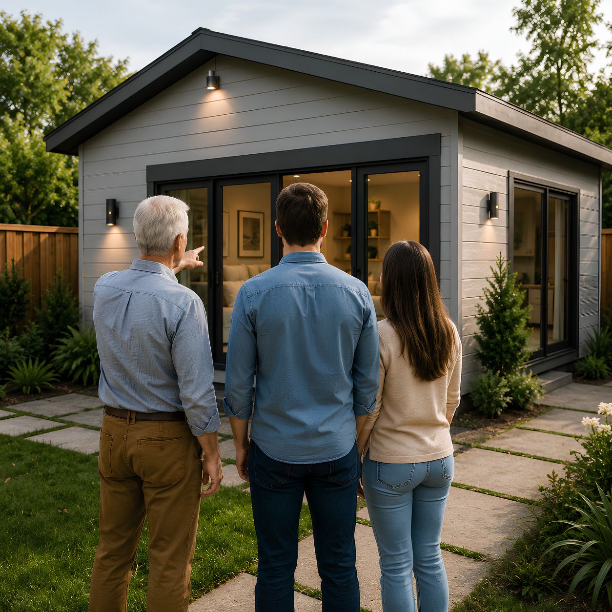 Three people viewed from behind looking at a modern backyard garage ADU with gray siding, large glass doors, warm interior lighting, and landscaped stone pathway.