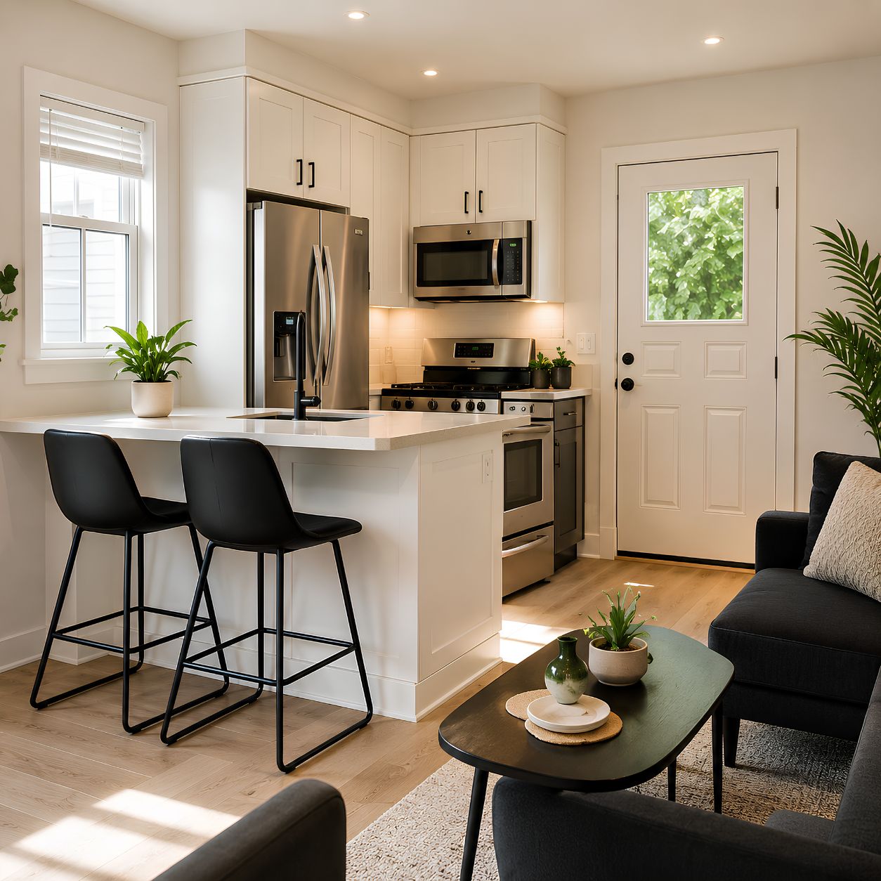 Modern garage ADU interior featuring a bright open-concept kitchen and living room with white cabinets, quartz island, stainless steel appliances, breakfast bar, and contemporary furnishings.