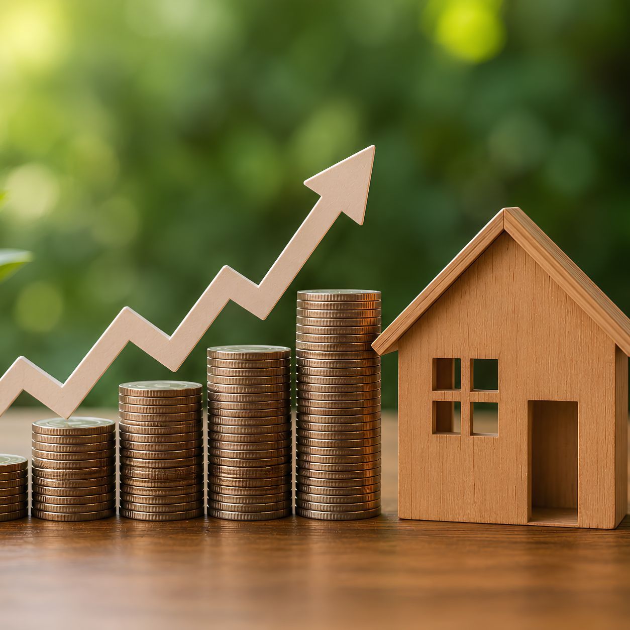 ADU property value concept with wooden house model, stacked coins, and upward arrow representing increased real estate value.