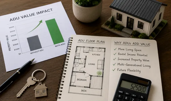Modern ADU floor plan and property value analysis illustrating how an accessory dwelling unit can increase home value in Connecticut.