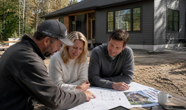 Contractor reviewing home construction plans with homeowners outside a modern Connecticut home build.