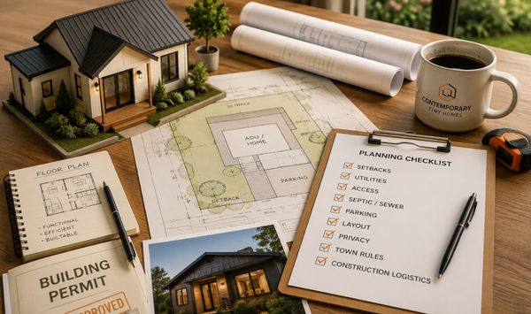 ADU-level planning workspace with home model, site plans, building permit, and checklist for setbacks, utilities, access, parking, town rules, and construction logistics.
