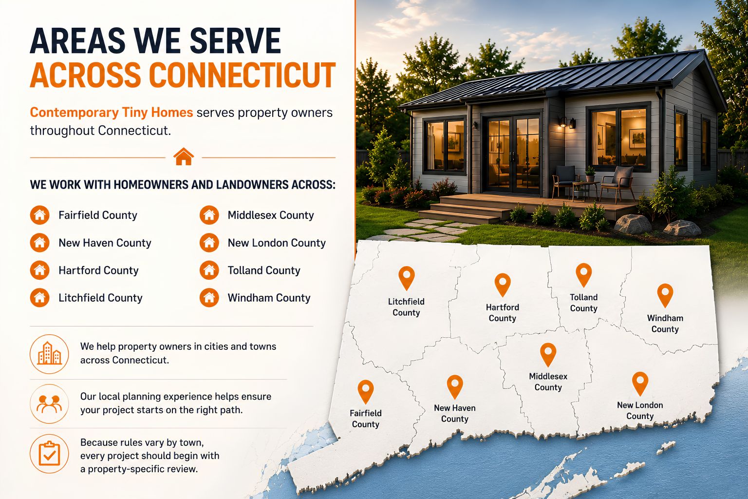 Connecticut service area map for Contemporary Tiny Homes showing counties served, local planning experience, and property-specific review for custom home and ADU projects.