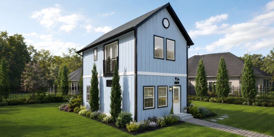 Two-story blue Connecticut ADU with a steep gabled roof, black trim, small upper balcony, landscaped lawn, and stone walkway.