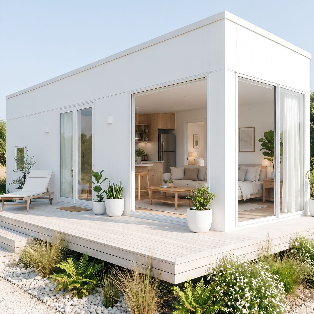 Modern custom ADU in Connecticut with a white exterior, floor-to-ceiling glass doors, private deck, and bright open-plan living space.