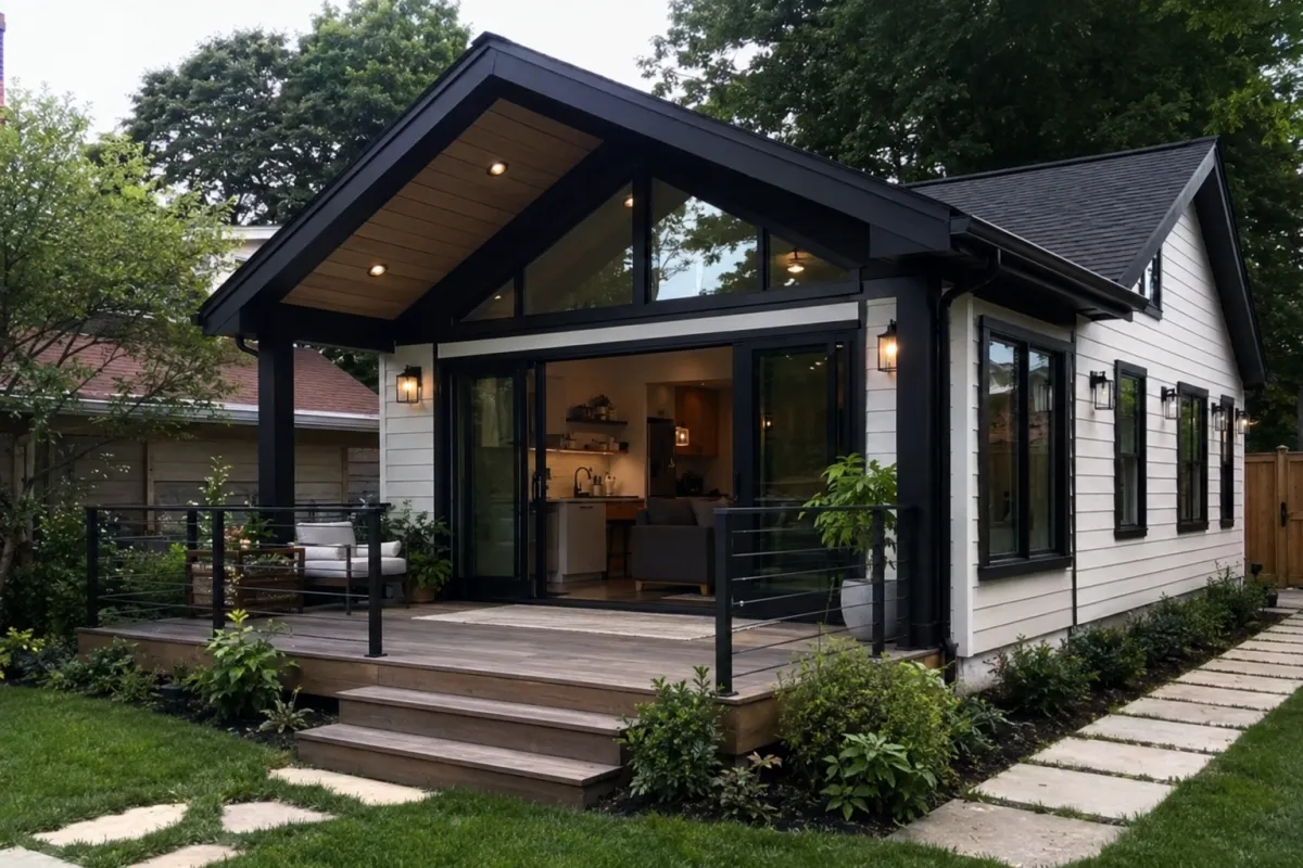Modern Connecticut ADU with white siding, black trim, a vaulted roof, large glass doors, and a raised wood deck overlooking a landscaped backyard.