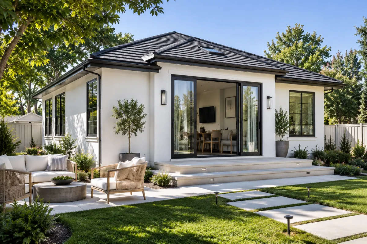 Custom single-story Connecticut ADU with white siding, a dark hip roof, large glass doors, landscaped lawn, and a private outdoor seating area.
